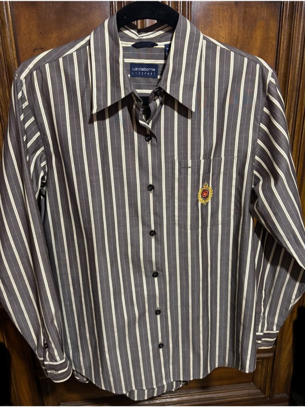 Liz Claiborne Black and White Striped Button-Front Shirt with Crest